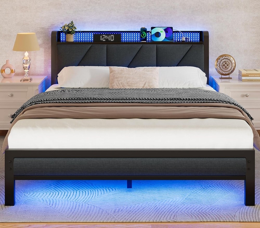 Queen Bed Frame with Headboard and Storage Shelf, LED Light and
