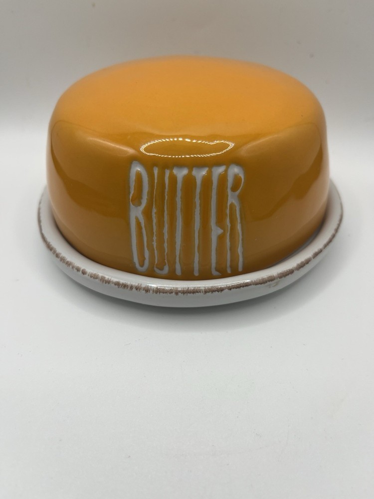 Butter Dish Yellow & White Round Small Covered Threshold Stoneware