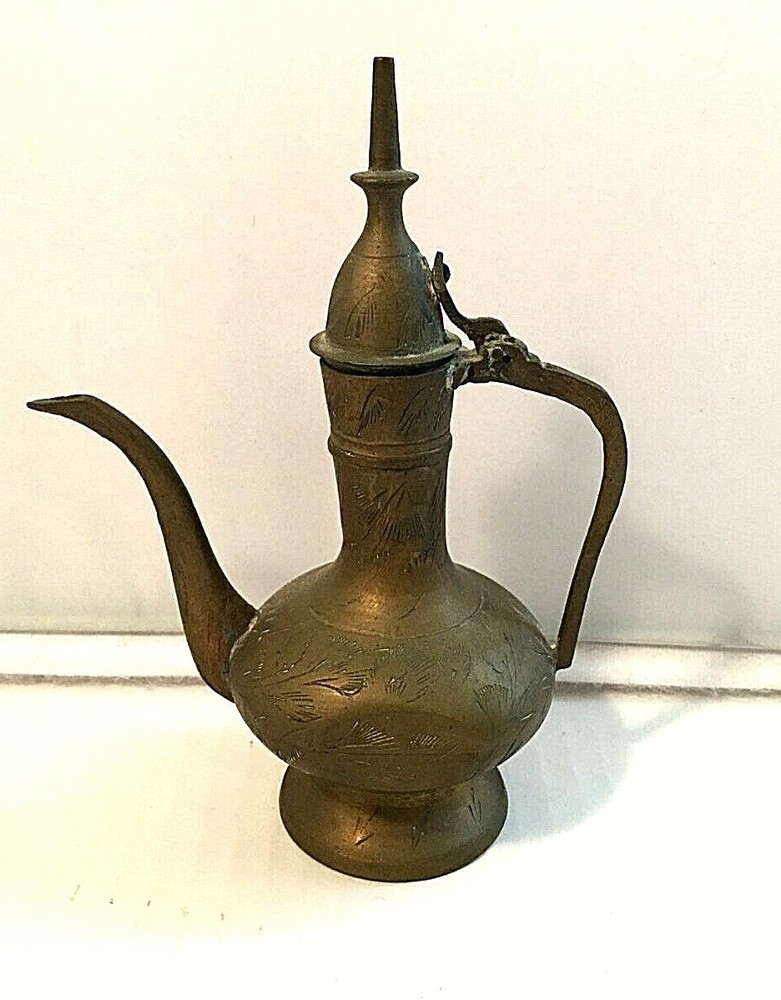 Middle Eastern Miniature 6" Tall Etched Solid Brass Coffee Pot