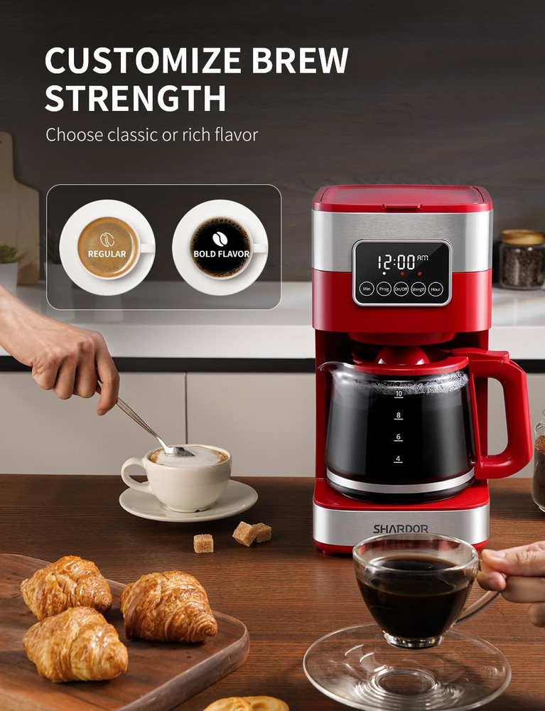 10-Cup Programmable Coffee Maker, Regular & Strong Brew Drip Coffee Machine f...
