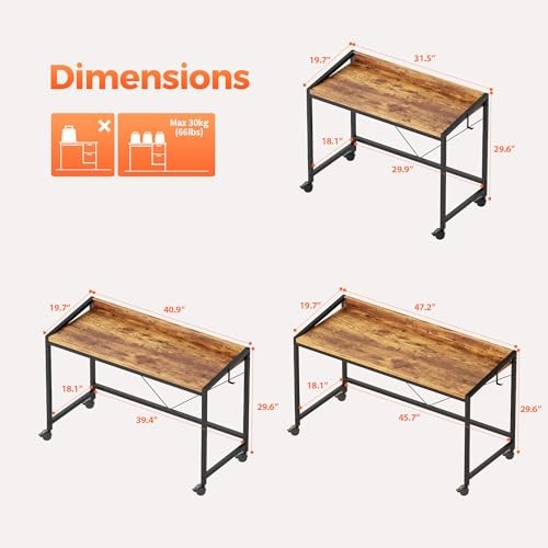 Rolling Computer Desk with Wheels, Gaming Desk for Small Spaces, Modern
