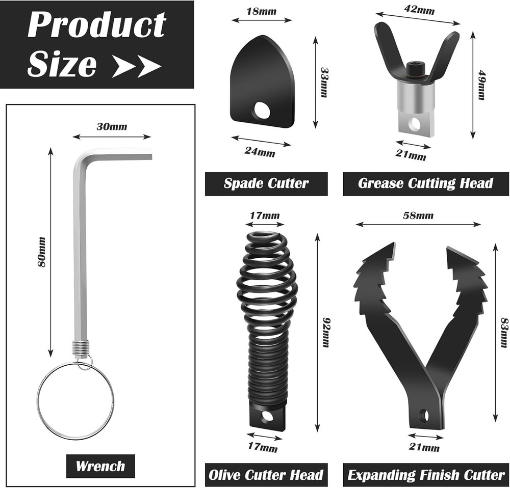 4 Pack Drain Snake Drill Attachment Combination Cutter Head Set for Pipe Cleaner