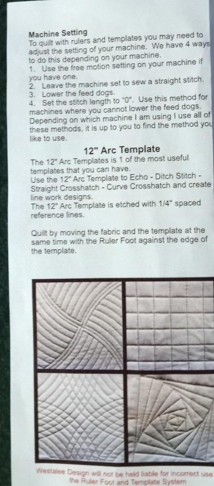 Westalee Low Shank Ruler Foot W/ 12" Arc Template