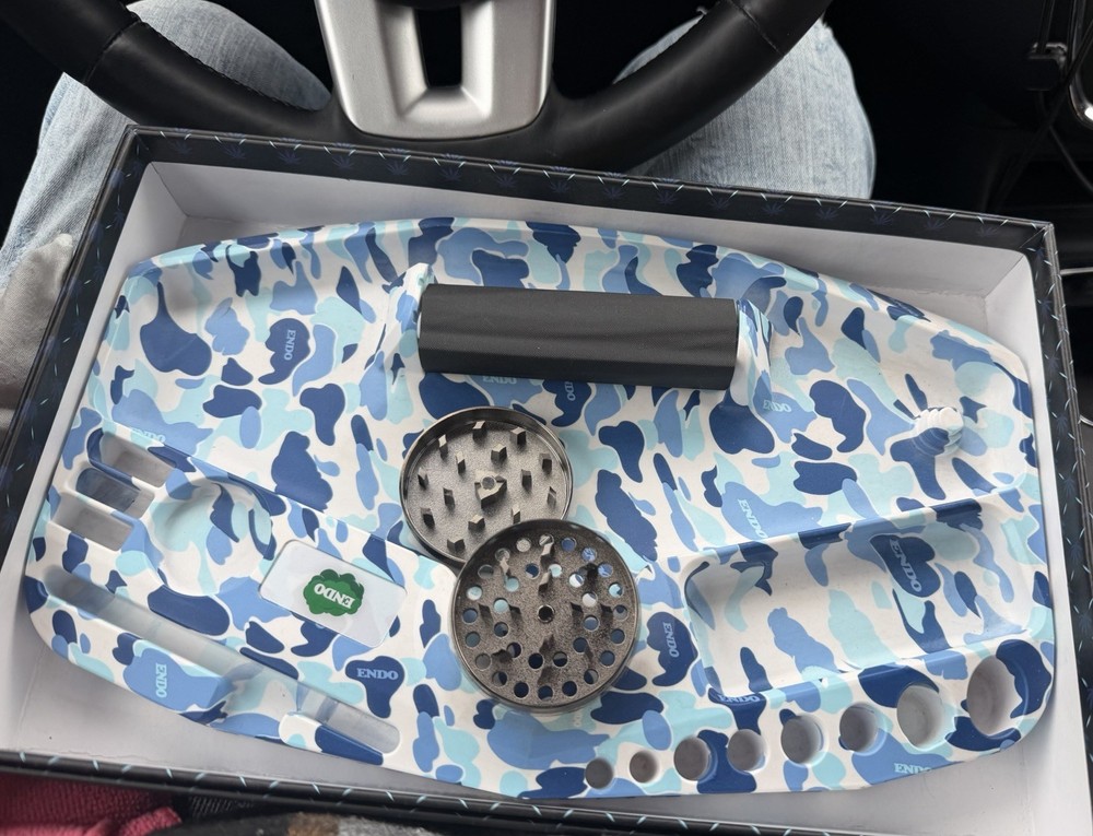 ENDO Premium Multi-Function Rolling Tray Blue Camouflage with Grinder