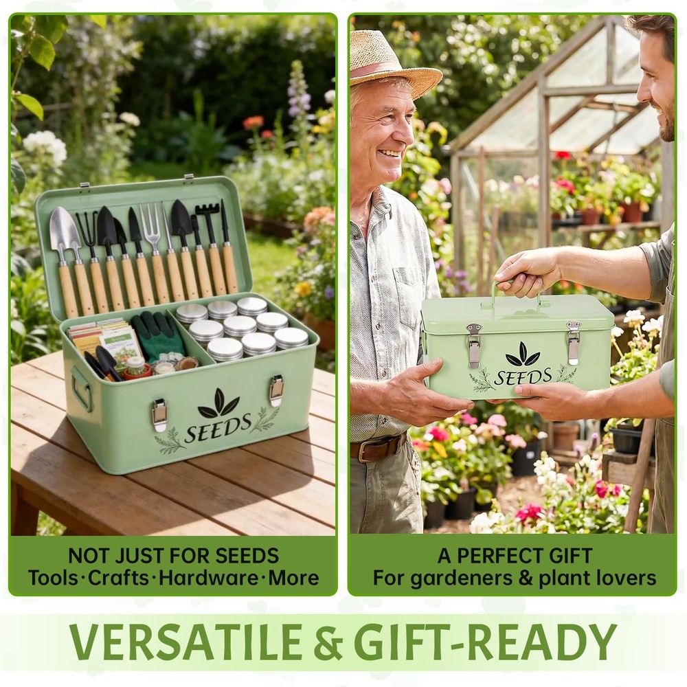 Spring Seed Storage Organizer | 3-Compartment Metal Seed Box with Locking Lid...