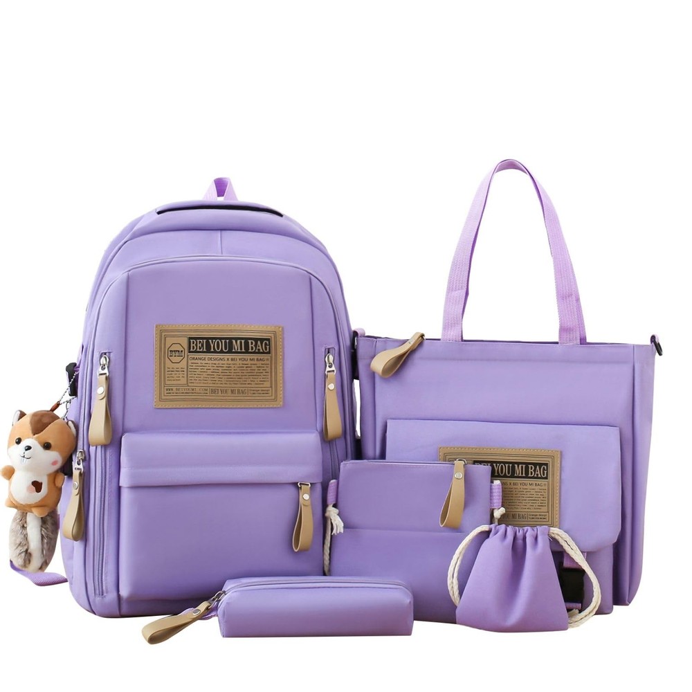 Kawaii Canvas Backpack Set - 5 Pieces Student Pack with Cute Squirrel Accesso...