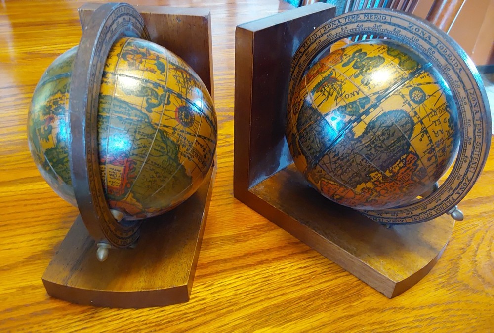 Old World Globe Rotating Sphere Wooden Bookends in Nice Condition