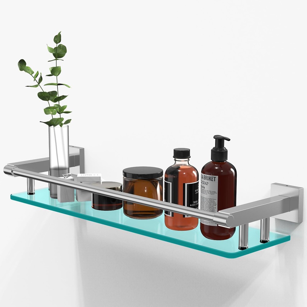 Glass Shelf for Bathroom Rectangular Stainless Steel Tempered Glass Modern Stain