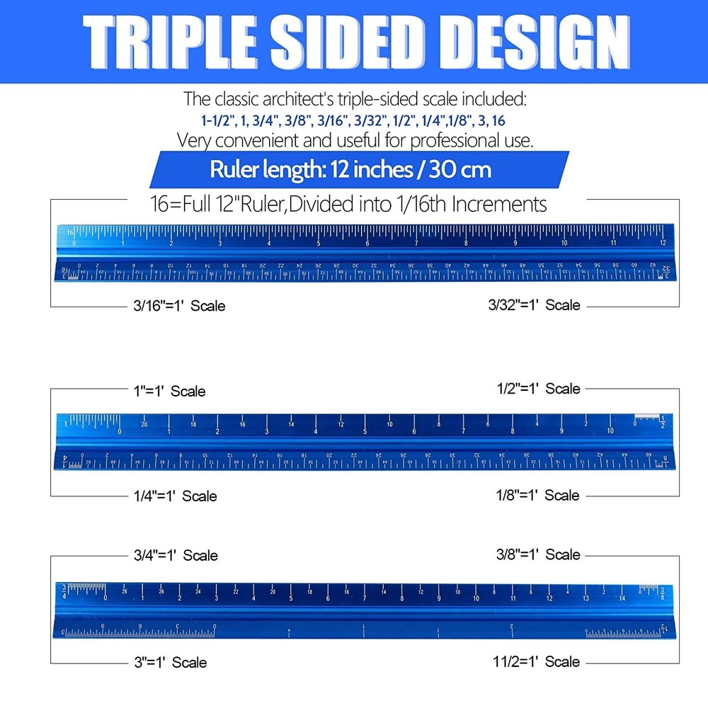Architectural Scale Ruler 12" Aluminum Architect Triangular Blue Students New