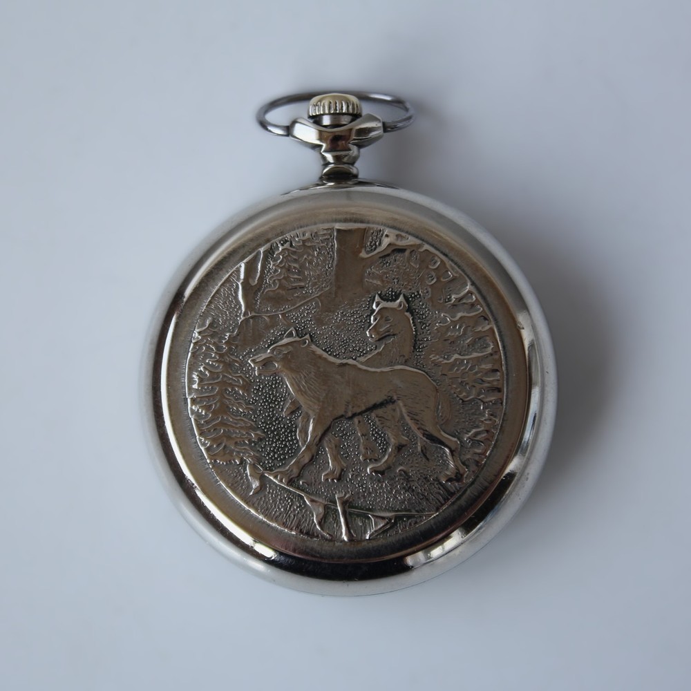 Molniya mechanical watch with a leather strap, wolves