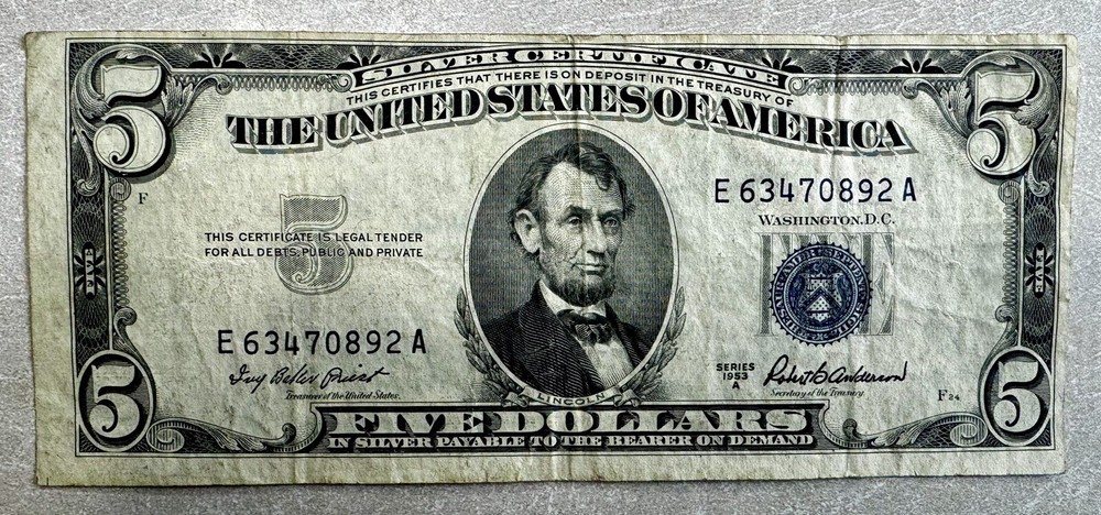 1953 $5 Silver Certificate Blue Seal Error Off Center/Misaligned Note