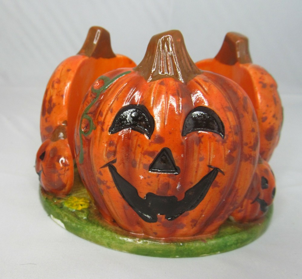 Jack O' Lantern Pumpkin Patch Ceramic Candle Holder Autumn Fall Halloween Decor