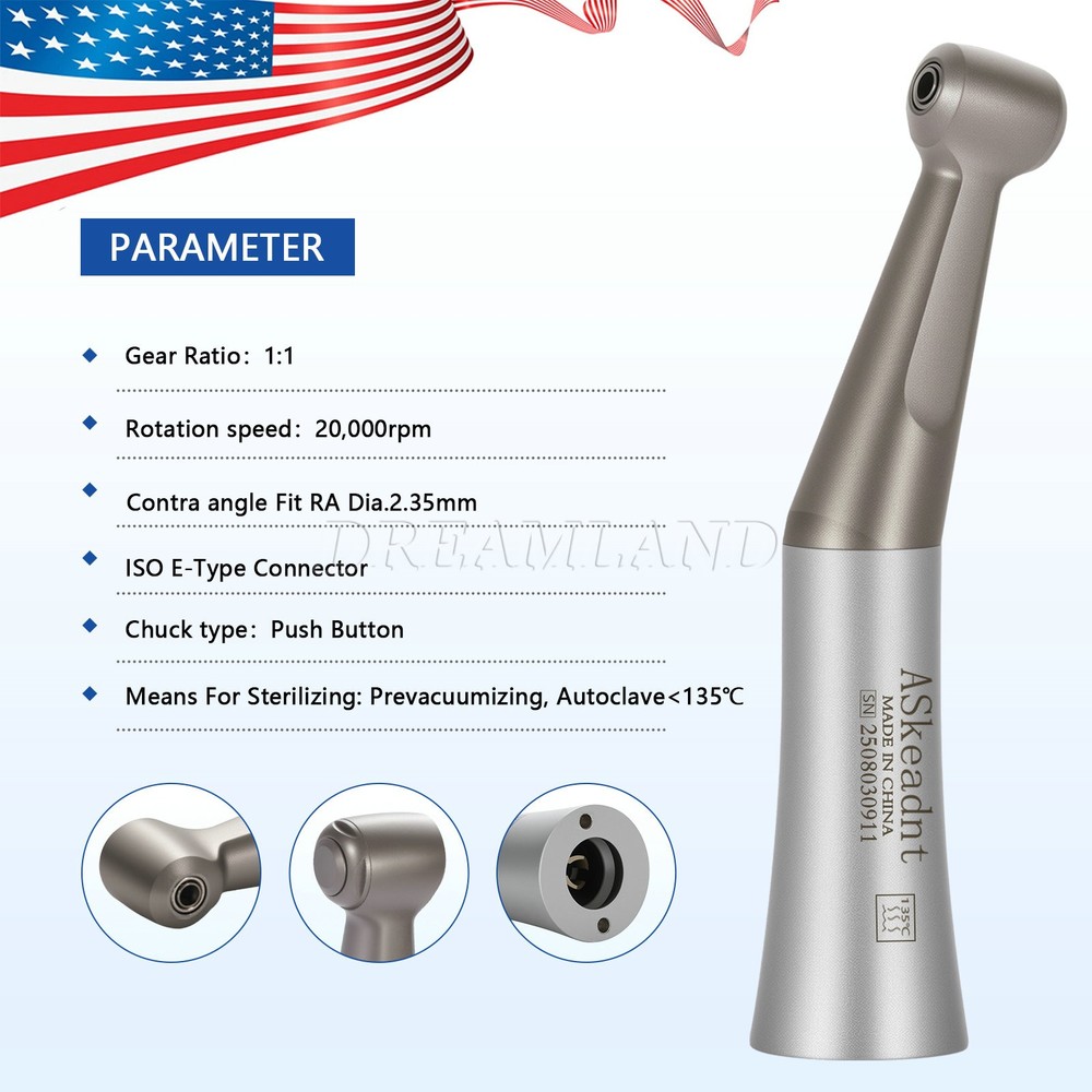 Dental 1:1 Slow Low Speed Contra Angle Handpiece E-Type Push Button