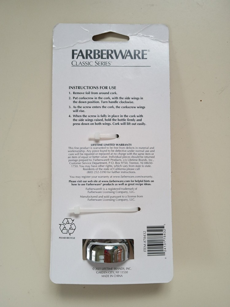 Farberware Silver Wing 6" Classic Corkscrew Wine Bottle Opener. New!