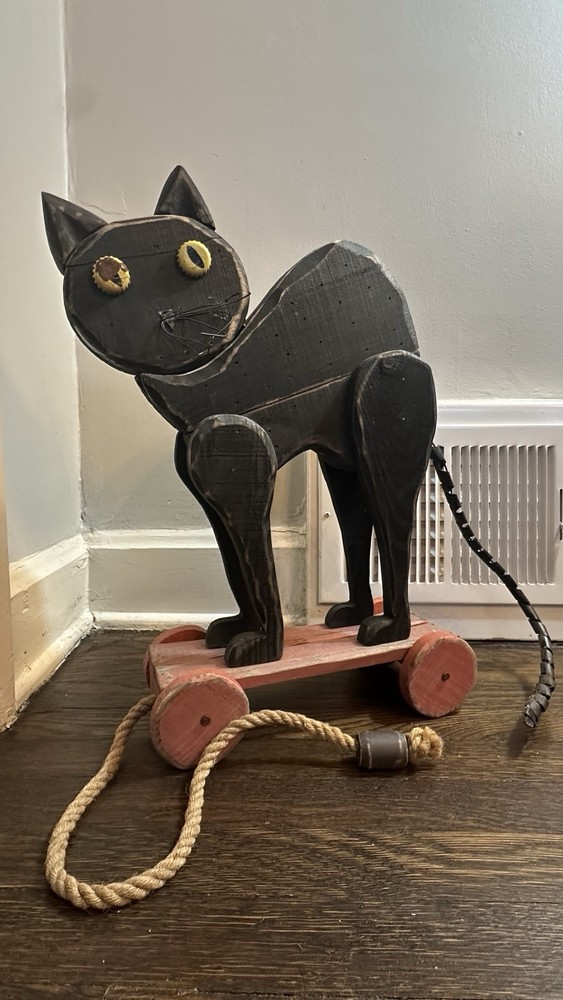 Vintage Folk Art Black Cat Pull Toy