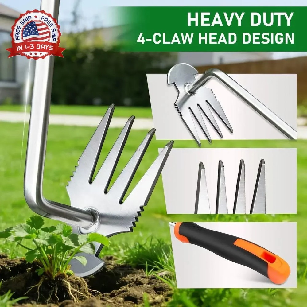 Weed Puller Tool, 2-in-1 Hand Weeder Tool with 4 Sharp Tines & Blade, Manganese