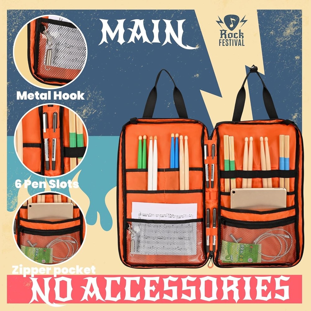 Drum Stick Bag with Hanging Hooks, Drum Mallet Storage with Adjustable Shoulder
