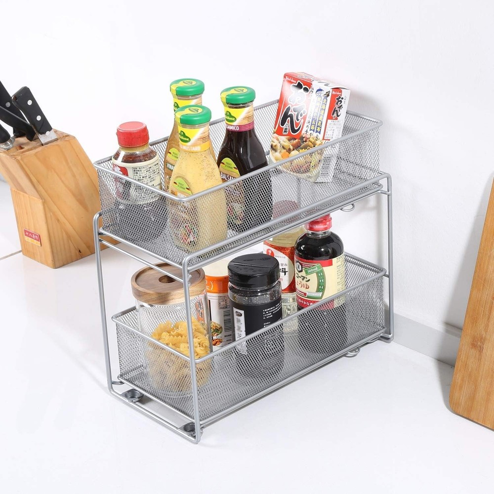 2 Tier Sliding Basket Stackable Cabinet Pull-Out Drawer Mesh Organizer for Ki...