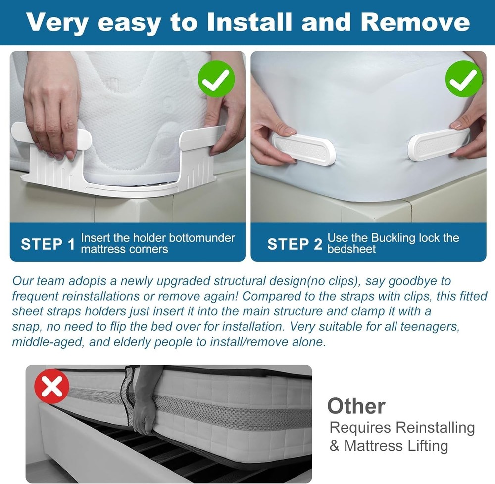Bed Lock Sheet Holders Fit All Sheet Size, New Upgrade Sheet Straps Keep Shee...