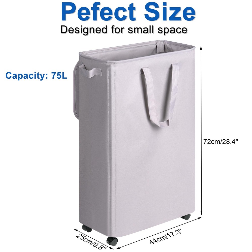 Slim Laundry Hamper with Lid and Wheels Small Rolling Laundry Basket with Han...