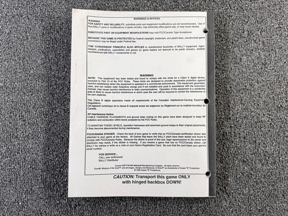 Bally Scared Stiff Machine Game Manual Schematics