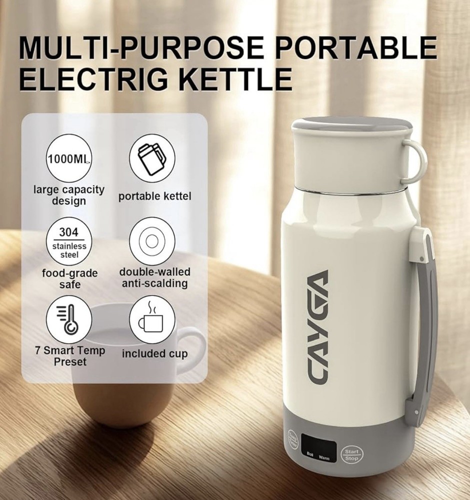 34 Oz/1000ml Travel Portable Coffee Kettle w/ Temp Control & LCD Display