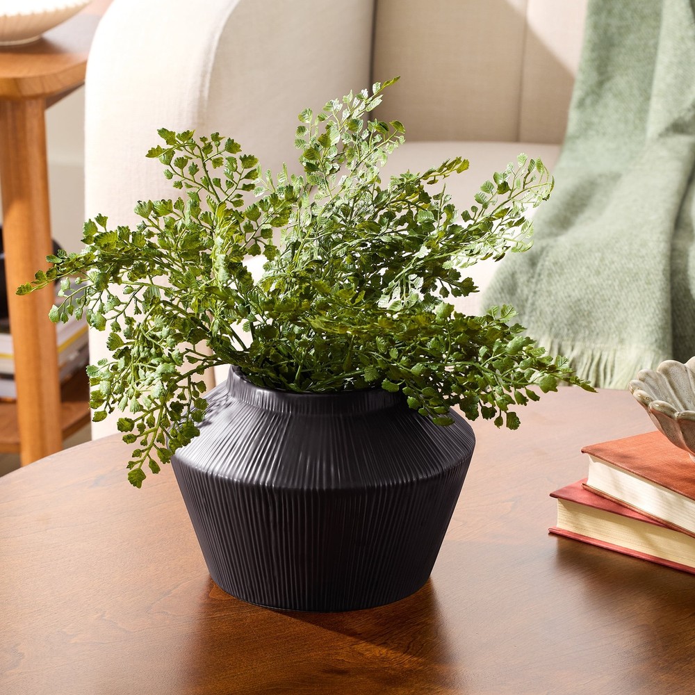 Black Ribbed Ceramic Angular Short Vase 6" W/ Modern Minimalist Style