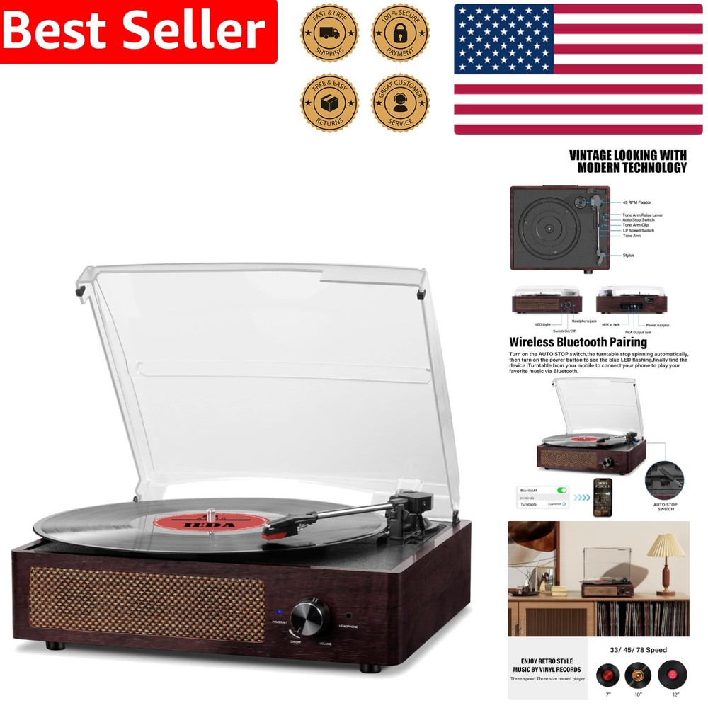 Portable 3-Speed Vinyl Record Player with Built-in Bluetooth & Stereo Speakers