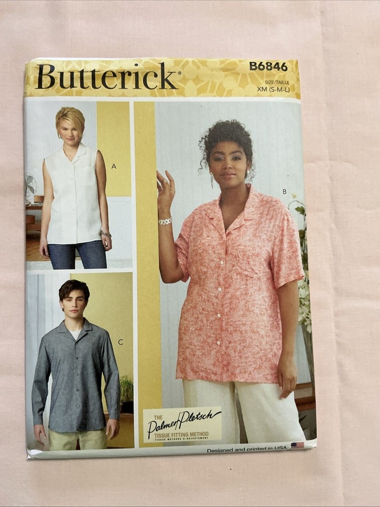 Butterick Sewing Pattern B6846 Unisex Shirt Button Front Variations Sizes SM-LG