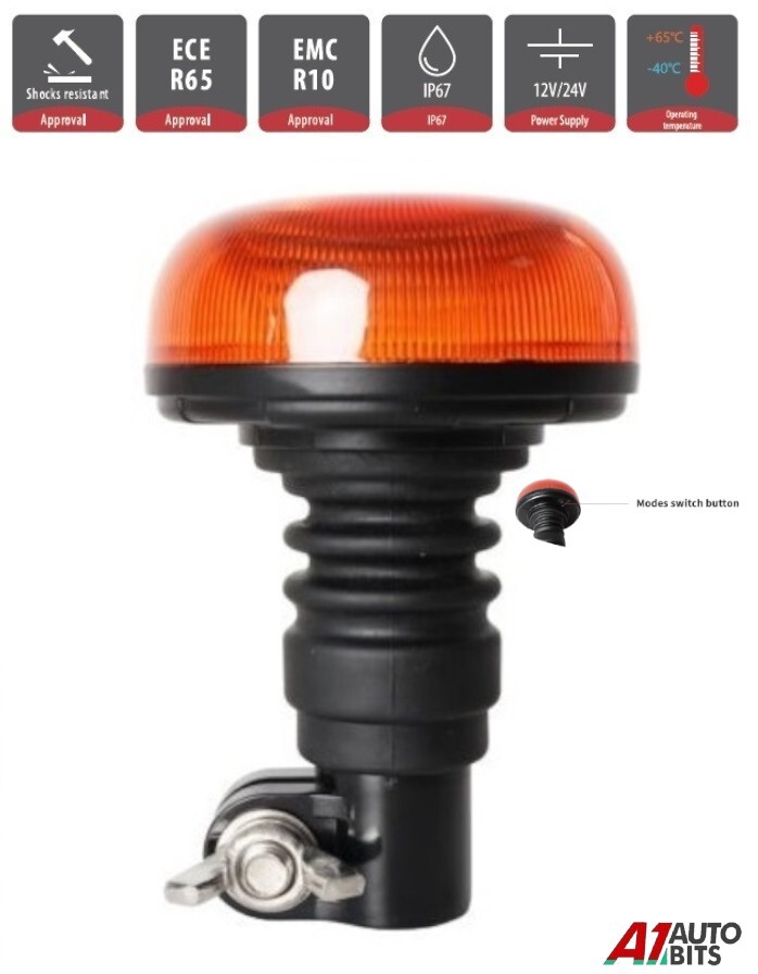 Flashing Amber LED Beacon Flexible DIN Pole 12V 24V Tractor Digger Warning Light