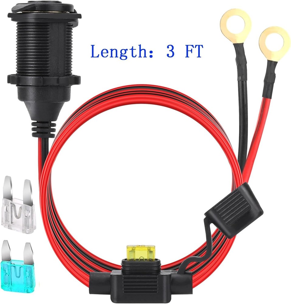 3FT 12V/24V Fixed Thread Cigarette Lighter Socket Extension Cable Automotive ...