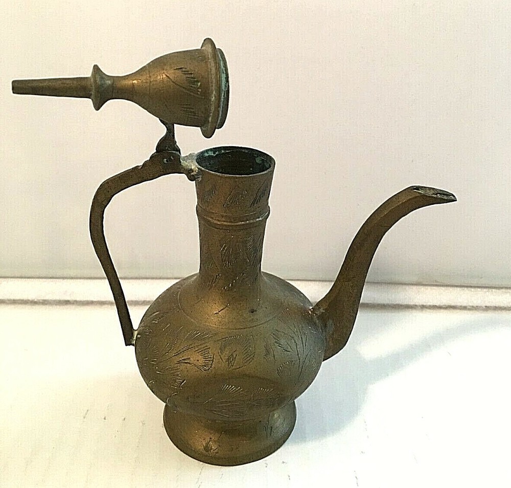 Middle Eastern Miniature 6" Tall Etched Solid Brass Coffee Pot