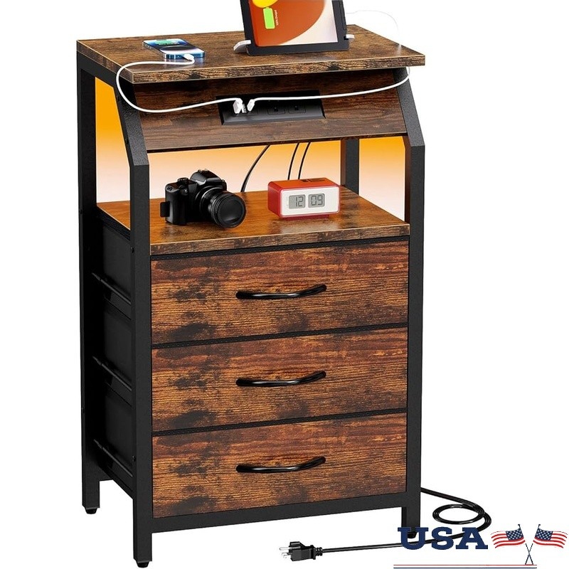 Compact Night Stand W/ USB Ports LED Light Table Bedroom Storage Solution