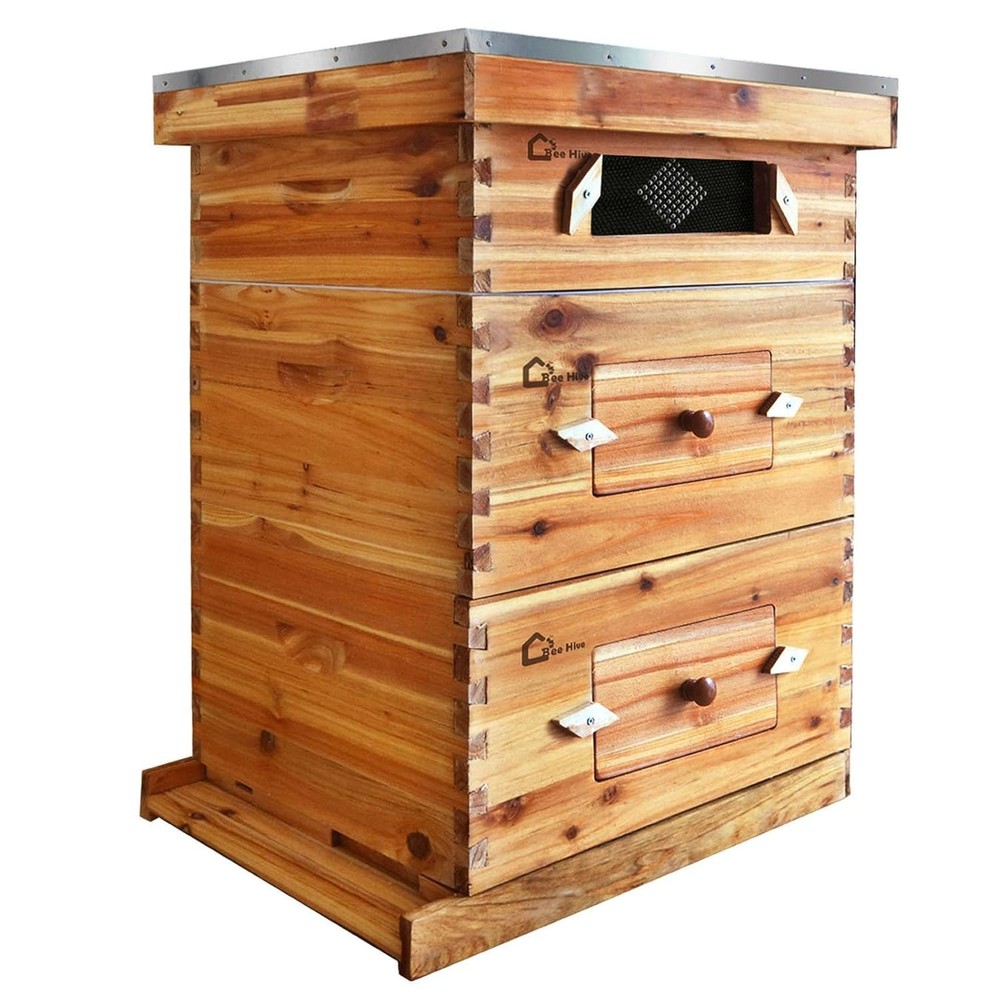 3 Layer 10 Frame Beekeeping Starter Hive 2 Deep 1 Medium Cedarwood Kit w/ Window