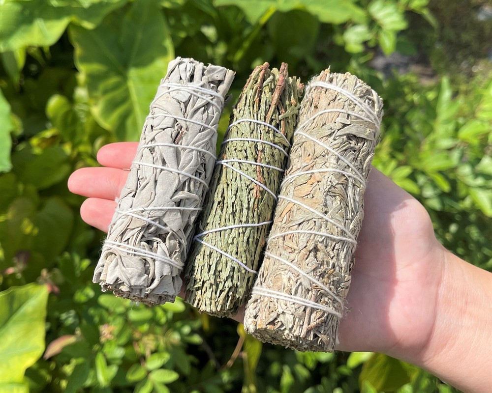Smudge Kit: Abalone Shell, Cedar, Blue Sage, White Sage Smudge, Feather & Stand