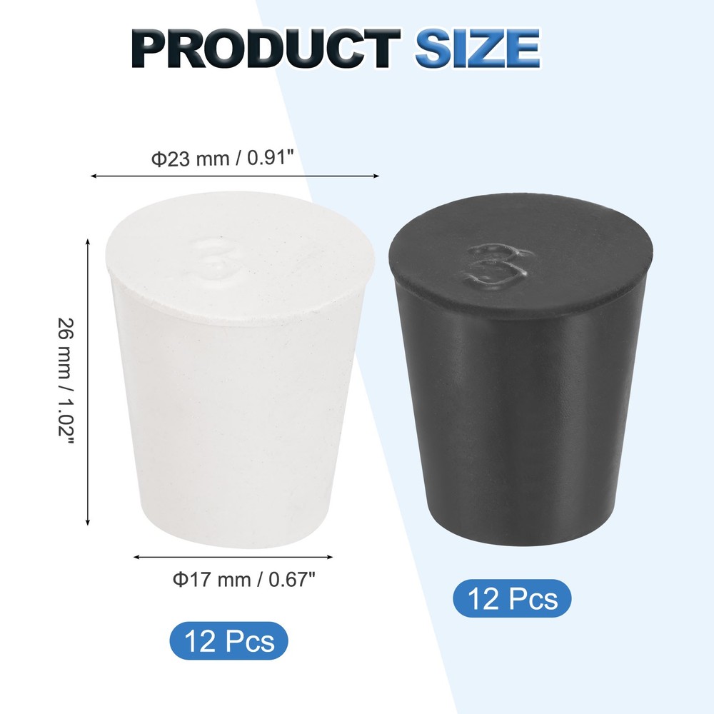 24 Pcs Solid Rubber Stopper Size 3#-23mm x 17mm - 26mm Long, Black/White