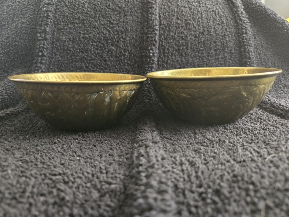 Vintage Middle Eastern Brass Bowls Pair, Engraved Arabic Script, 4.5" Alms