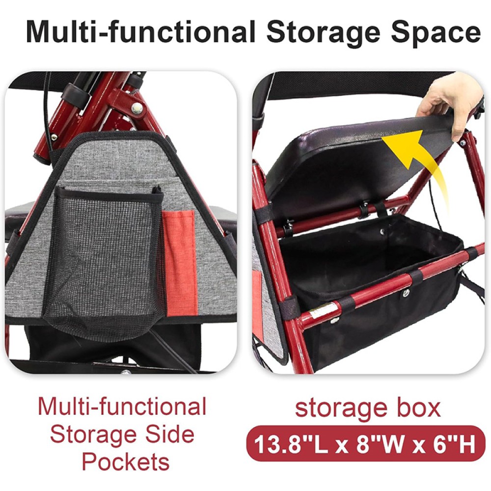 Red Rollator Walker for Seniors Capacity 5 Level Adjustable Lightweight Foldable
