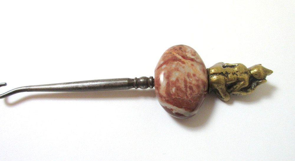 Antique Brass Button Hook Agate Seated Pixie