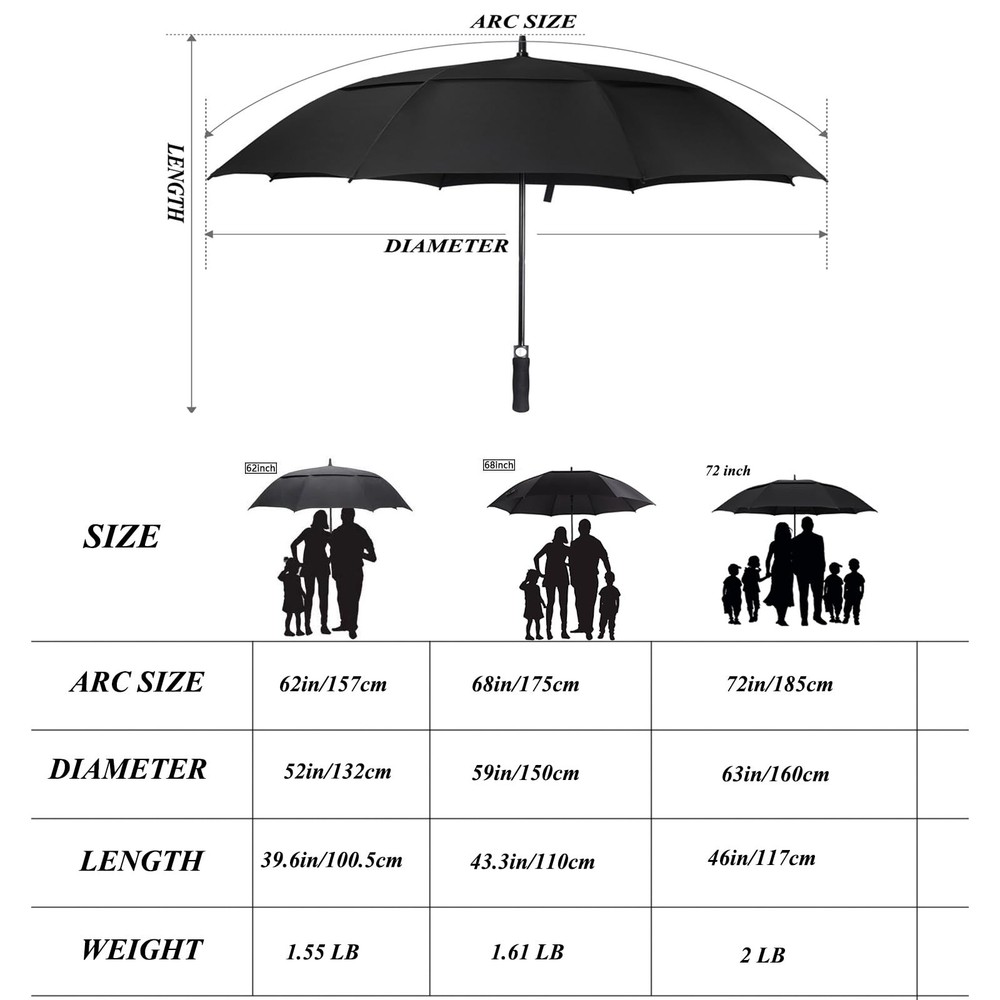 Golf Umbrella Windproof Large 62 Inch, Double Canopy Vented, Automatic Open, ...