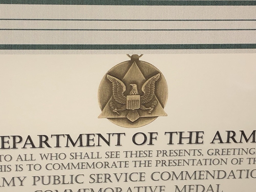 ARMY PUBLIC SERVICE COMMENDATION COMMEMORATIVE MEDAL CERTIFICATE ~ Type-1