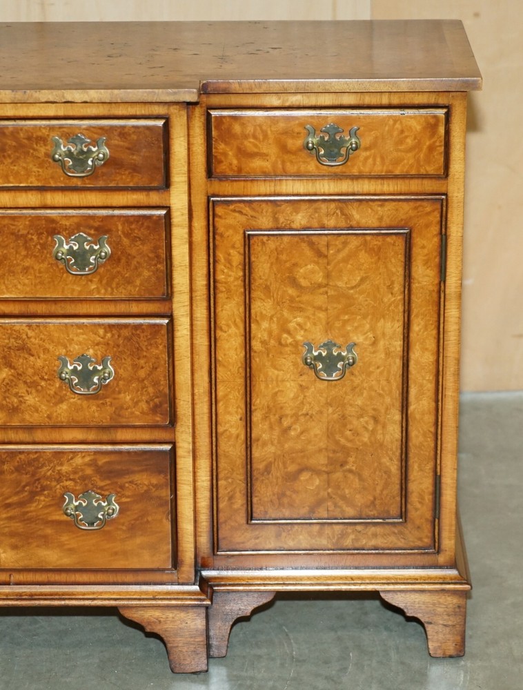 VINTAGE BURR & BURL WALNUT LIBRARY BOOKCASE BREAKFRONT SIDEBOARD WITH DRAWERS