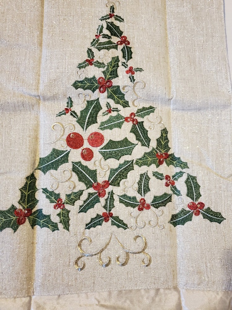 New Embroidered Christmas Tree Table Runner Sparkly Gold 62" x 15"