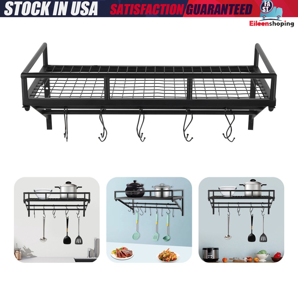Kitchen Wall Mounted Storage Shelf Cookware Pan Pot Organizer Rack with 10 Hooks