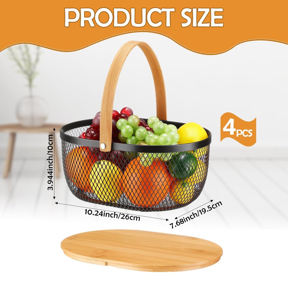 4 Pcs Stackable Metal Mesh Fruit Basket with Lid Oval Wire Mesh Storage Baske...