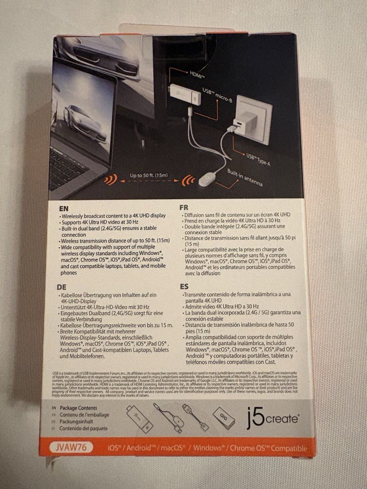 J5 Create ScreenCast 4K Wireless Display Adapter JVAW76 White