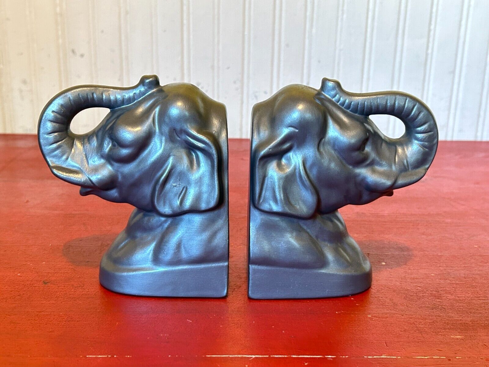 Ceramic Trunks Up Gray Elephant Head Bookends 1981