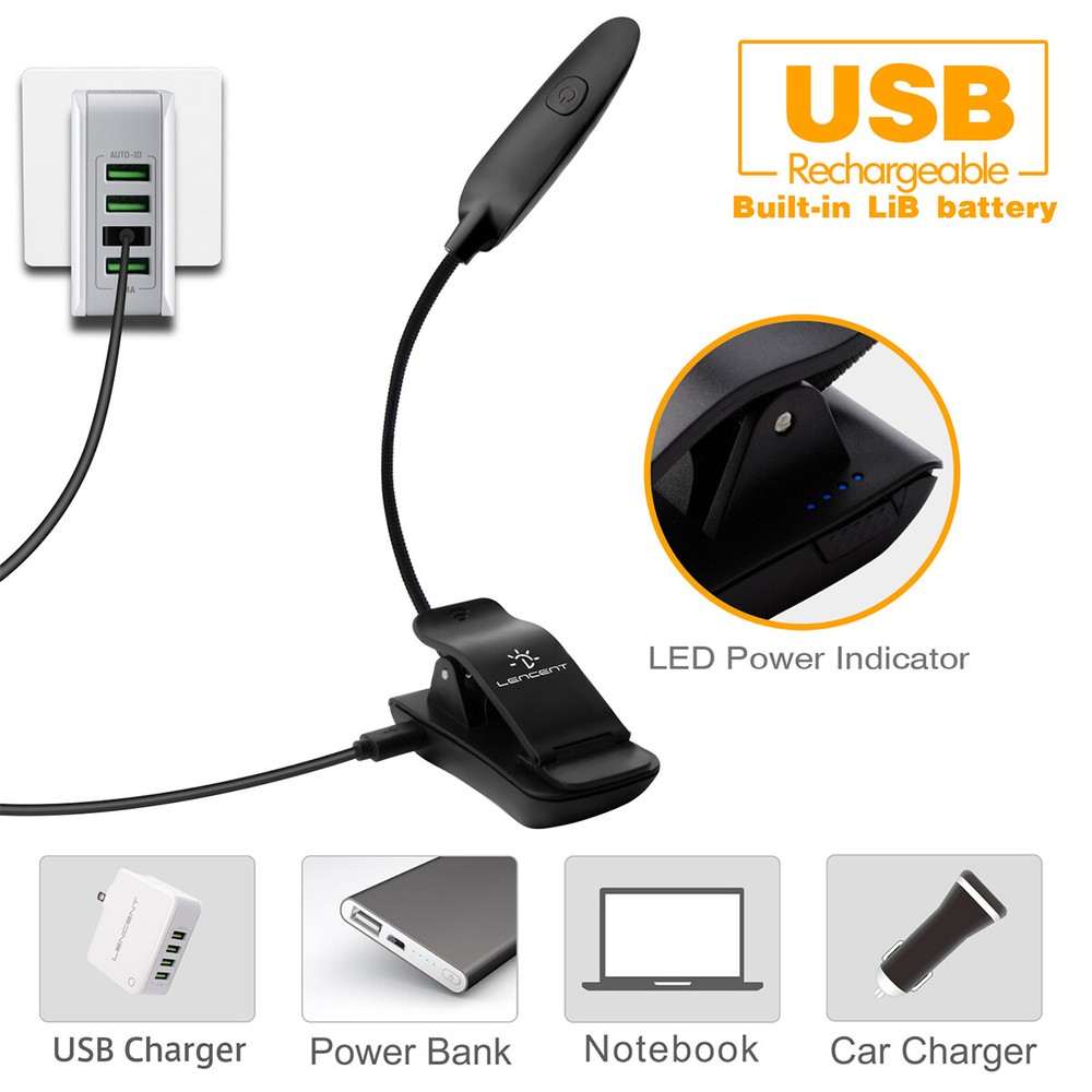 LENCENT 7 LED Book Light Clip USB Rechargeable Reading Light for Bed Sofa Office