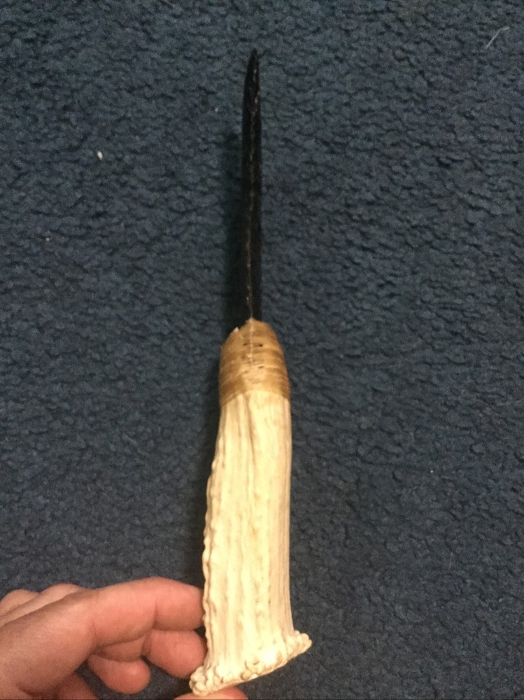 Primitive Obsidian Stone Bleached Antler Handle Knife