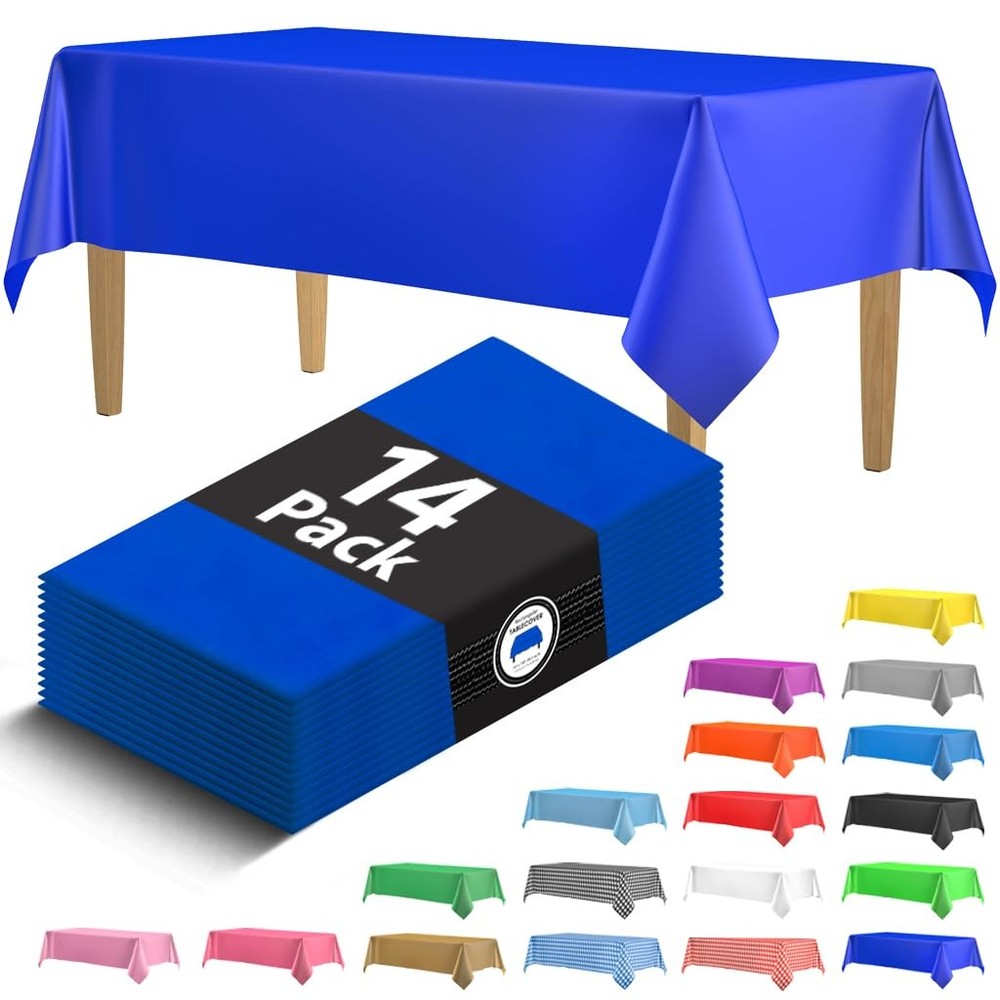 14 Pack Premium Blue Plastic Tablecloth - 54 x 54" x 108" (Rectangle),